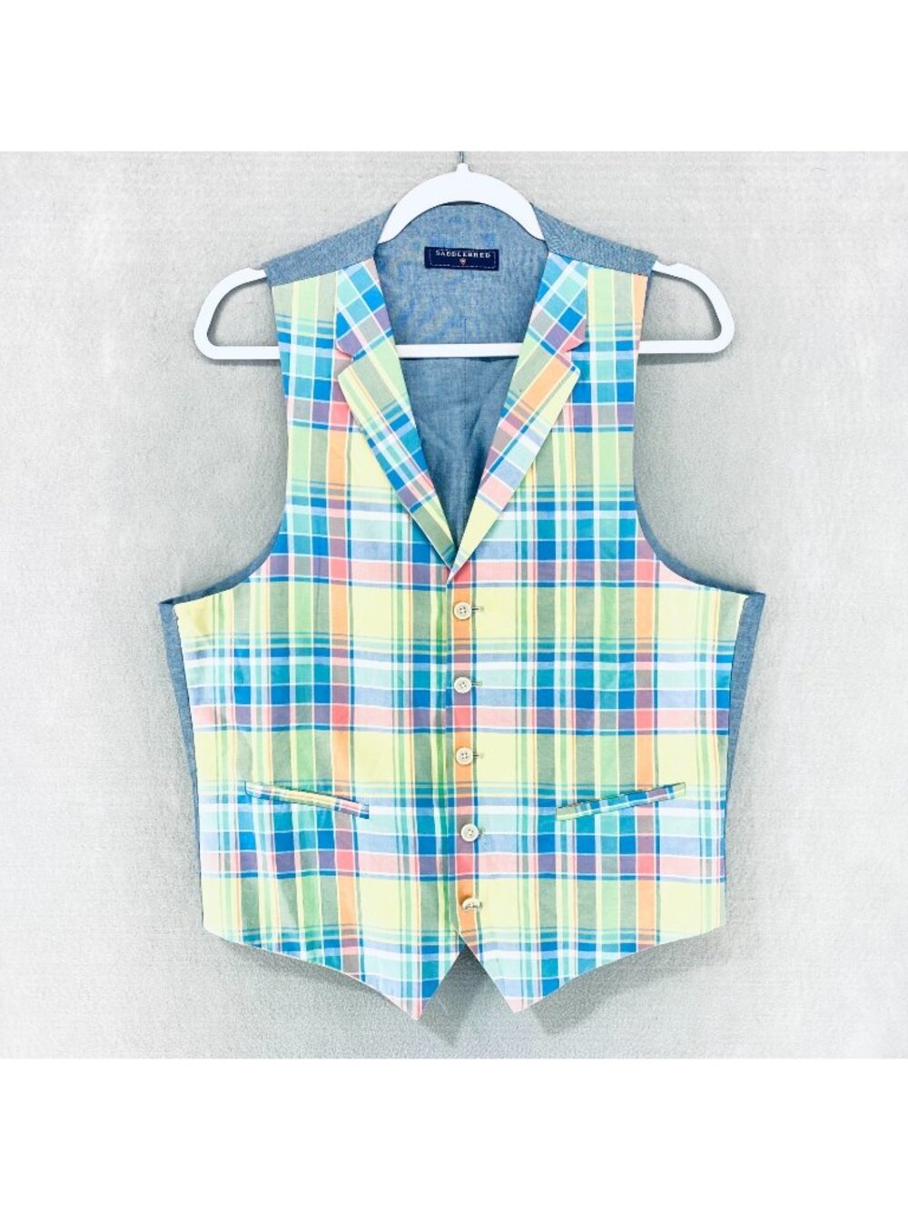 Saddlebreed Vest Mens M Multicolor Cotton Button Up Waistcoat Madras Plaid